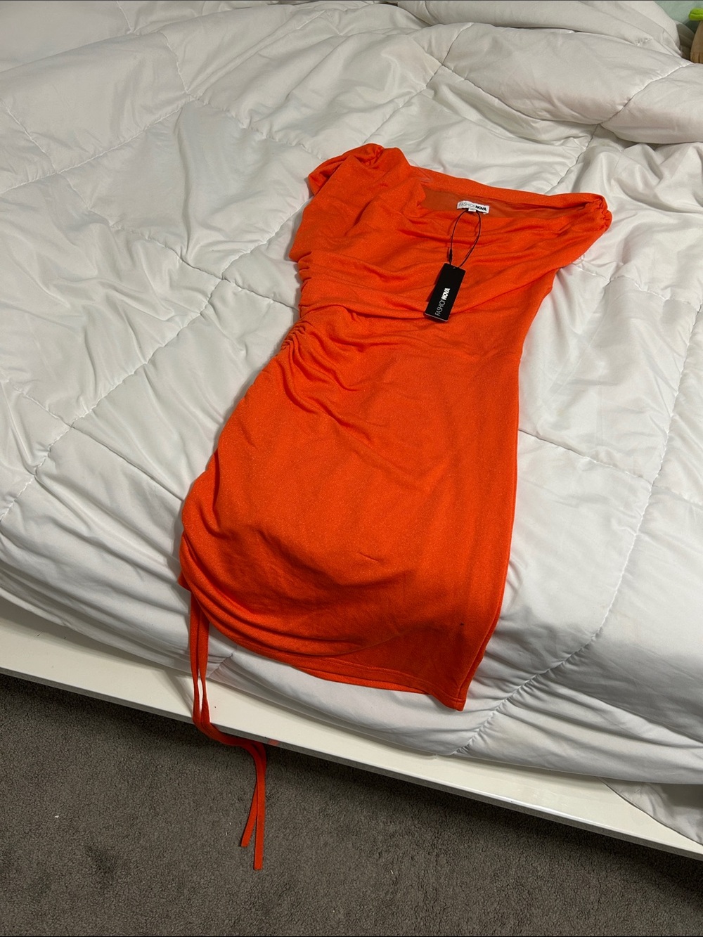 Fashion Nova Orange Ruched Off-Shoulder Mini Dress